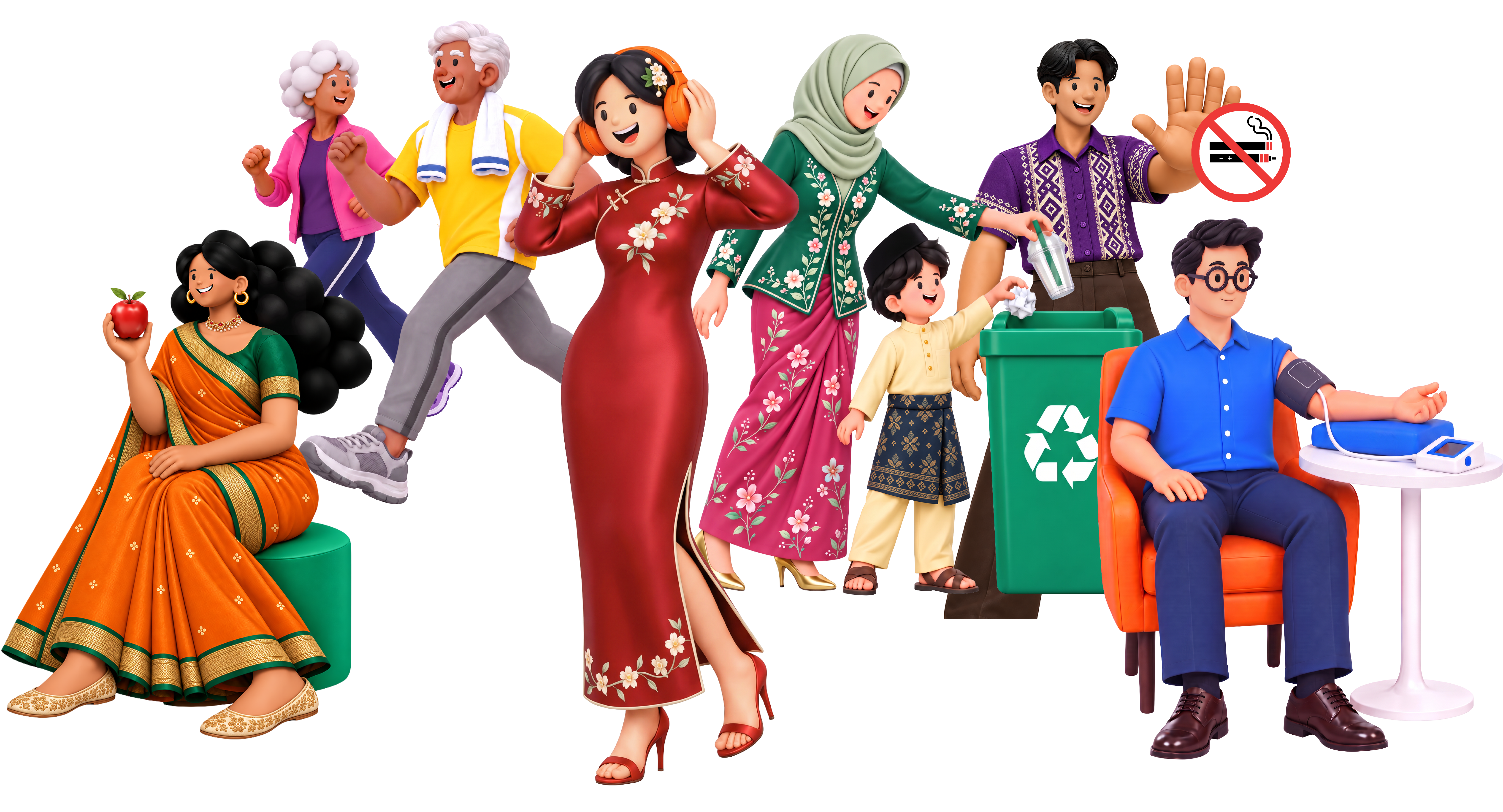 Watak rakyat Malaysia pelbagai kaum mengamalkan gaya hidup sihat